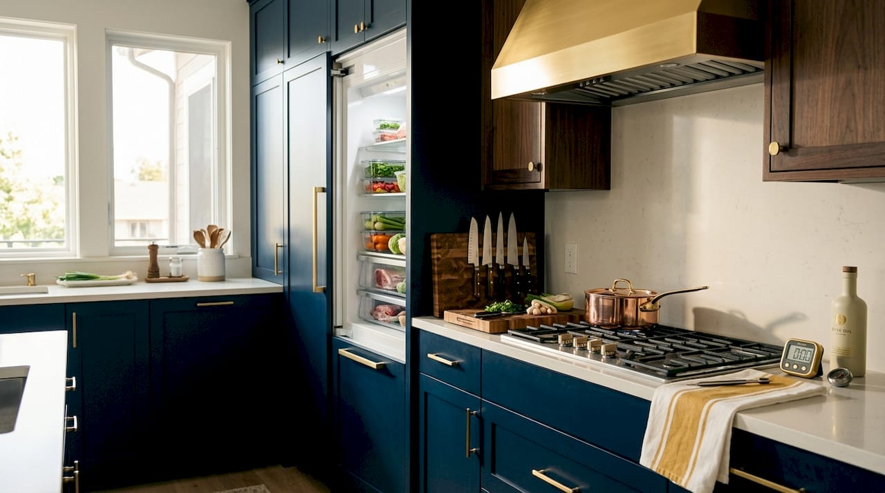 Optimized kitchen layout with clear cooking zones