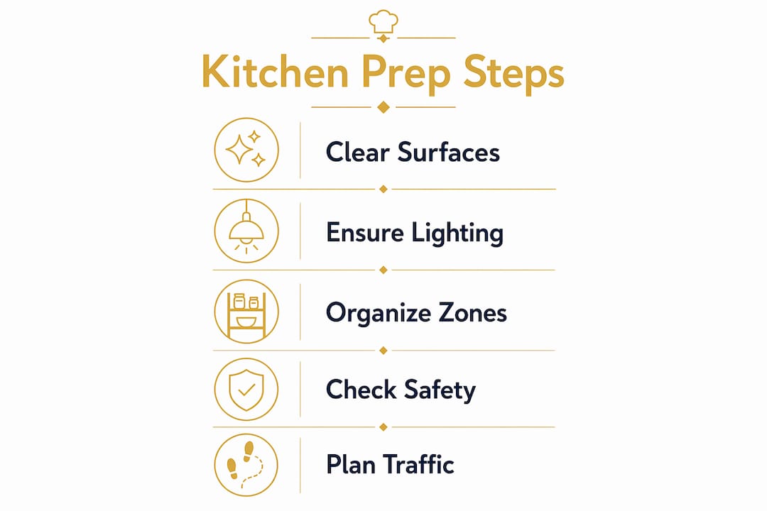 Infographic showing practical kitchen preparation steps for private chef