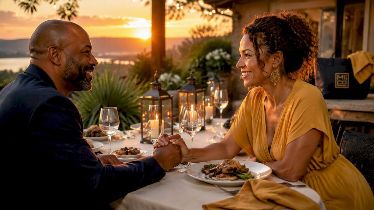 Couple holding hands at intimate anniversary dinner