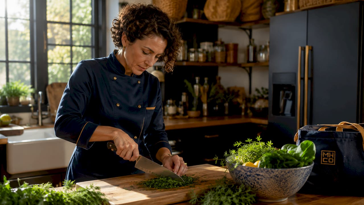 Female chef chopping herbs in home kitchen