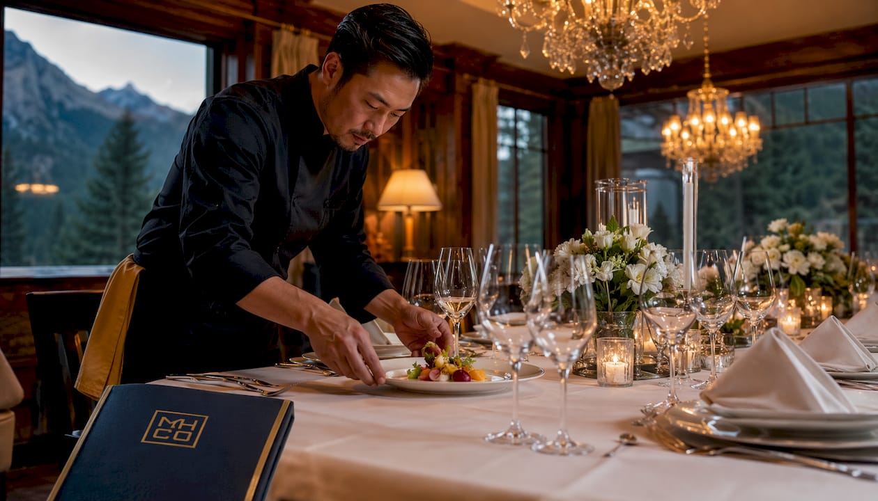Chef arranging plated courses in formal dining room