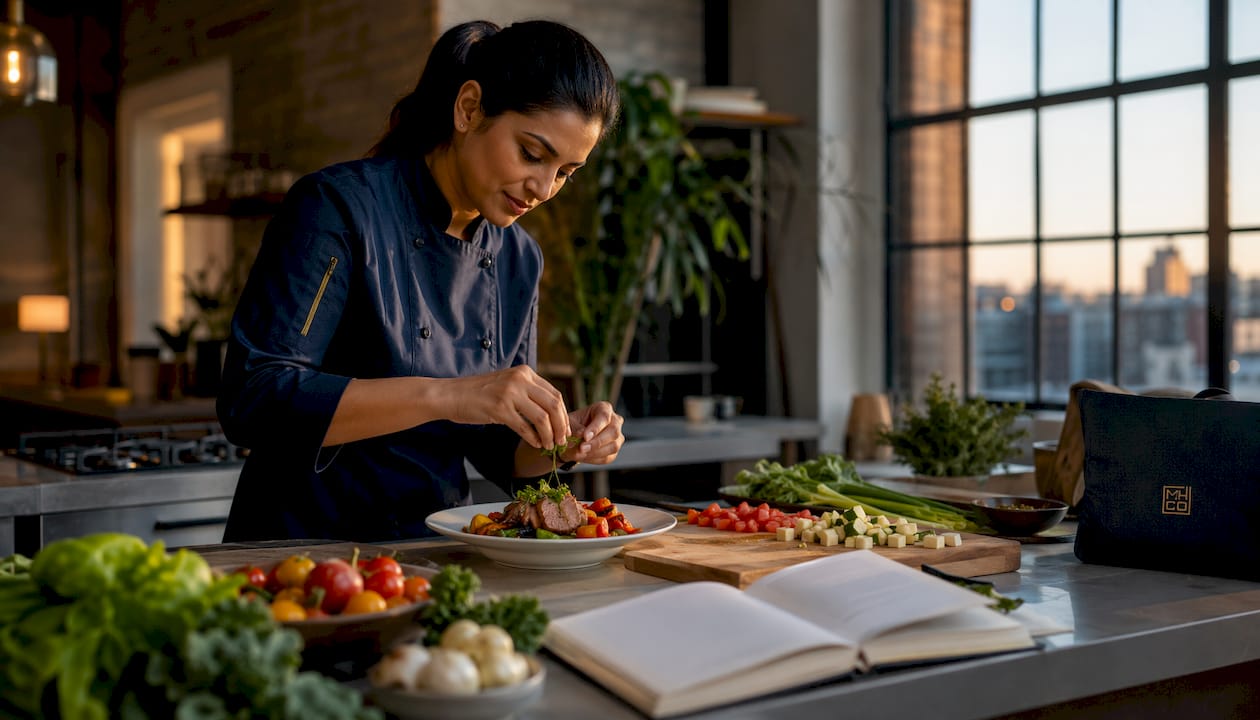 Private chef plating gourmet meal in kitchen