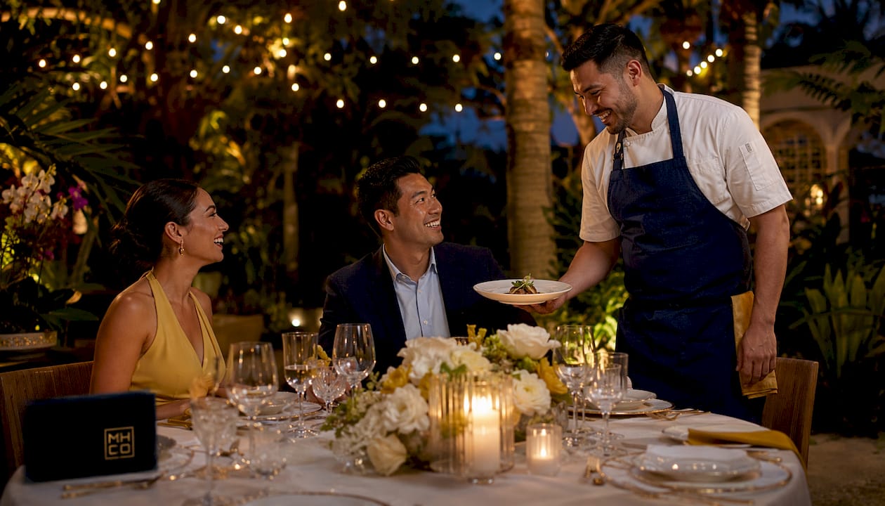 Clients tasting dishes served by private chef