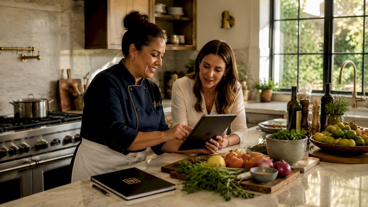 Private chef consulting on menu customization in kitchen