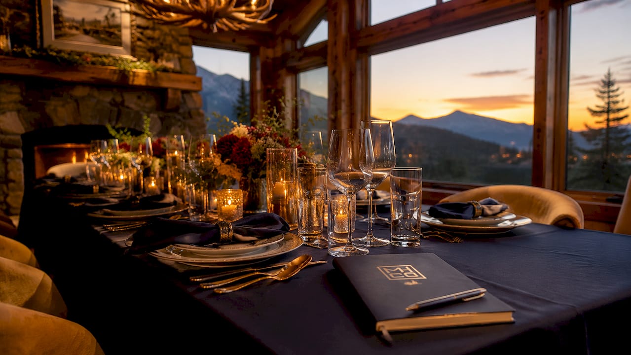 Elegantly set private dining table in mountain chalet