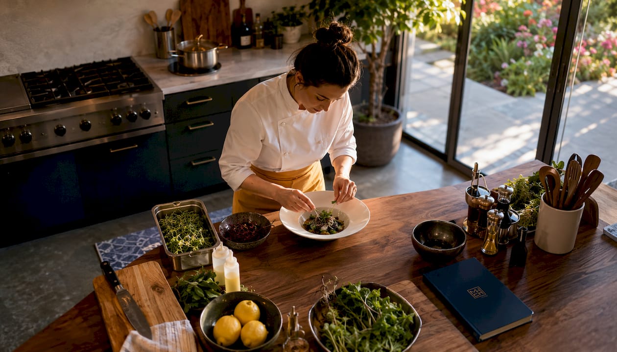 Private chef plating food in luxury mountain kitchen