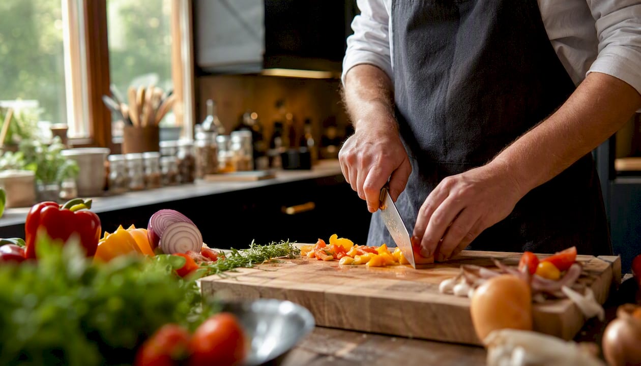 Chef slicing vegetables in home kitchen