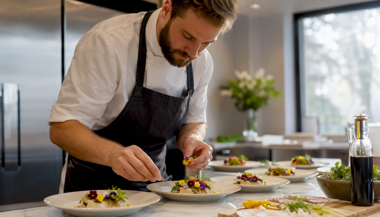 Chef plating intimate wedding meal in mountain kitchen