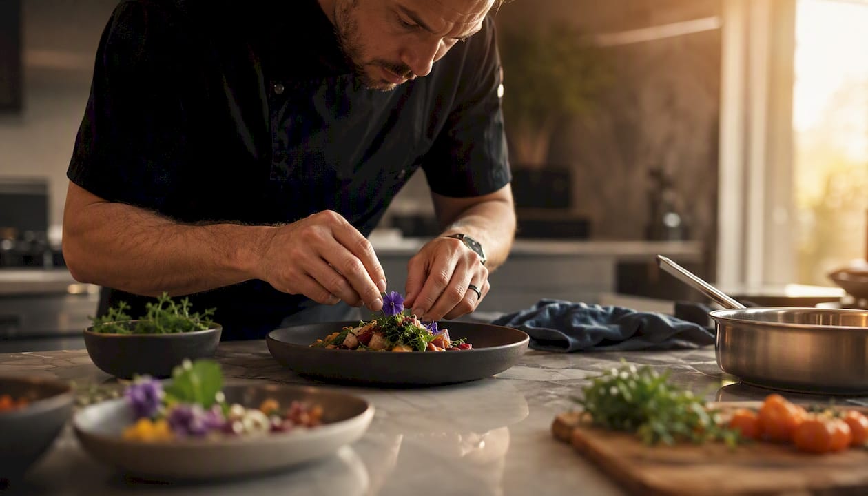 Private chef plating dish in home kitchen