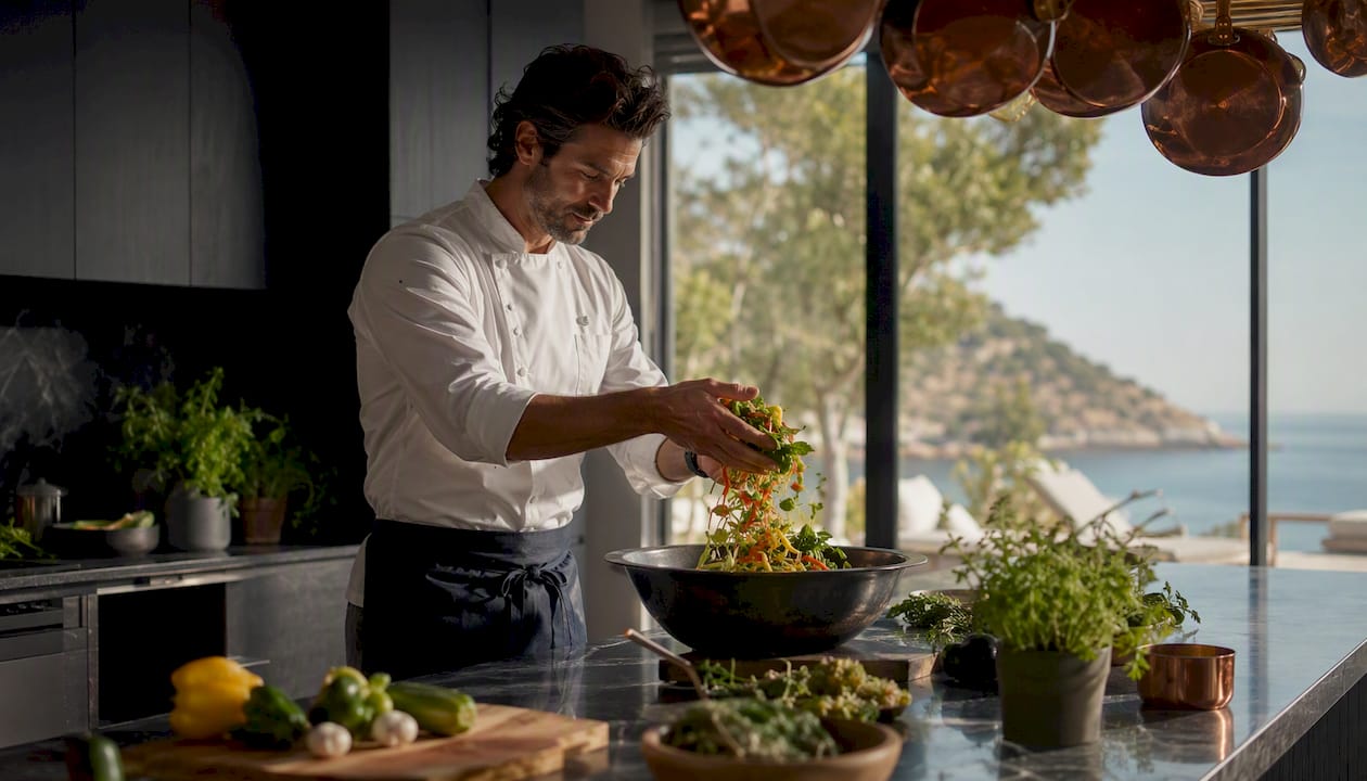 Chef finishing dish in villa kitchen