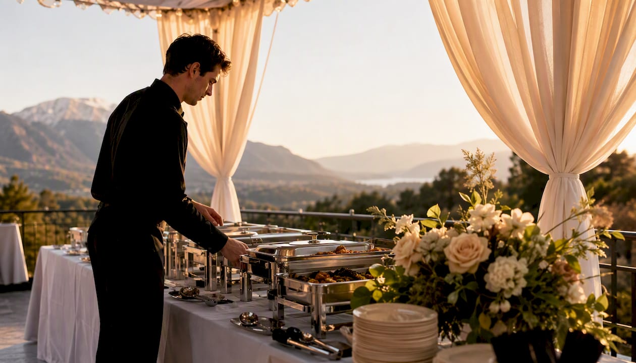 Buffet-style catering setup outdoors
