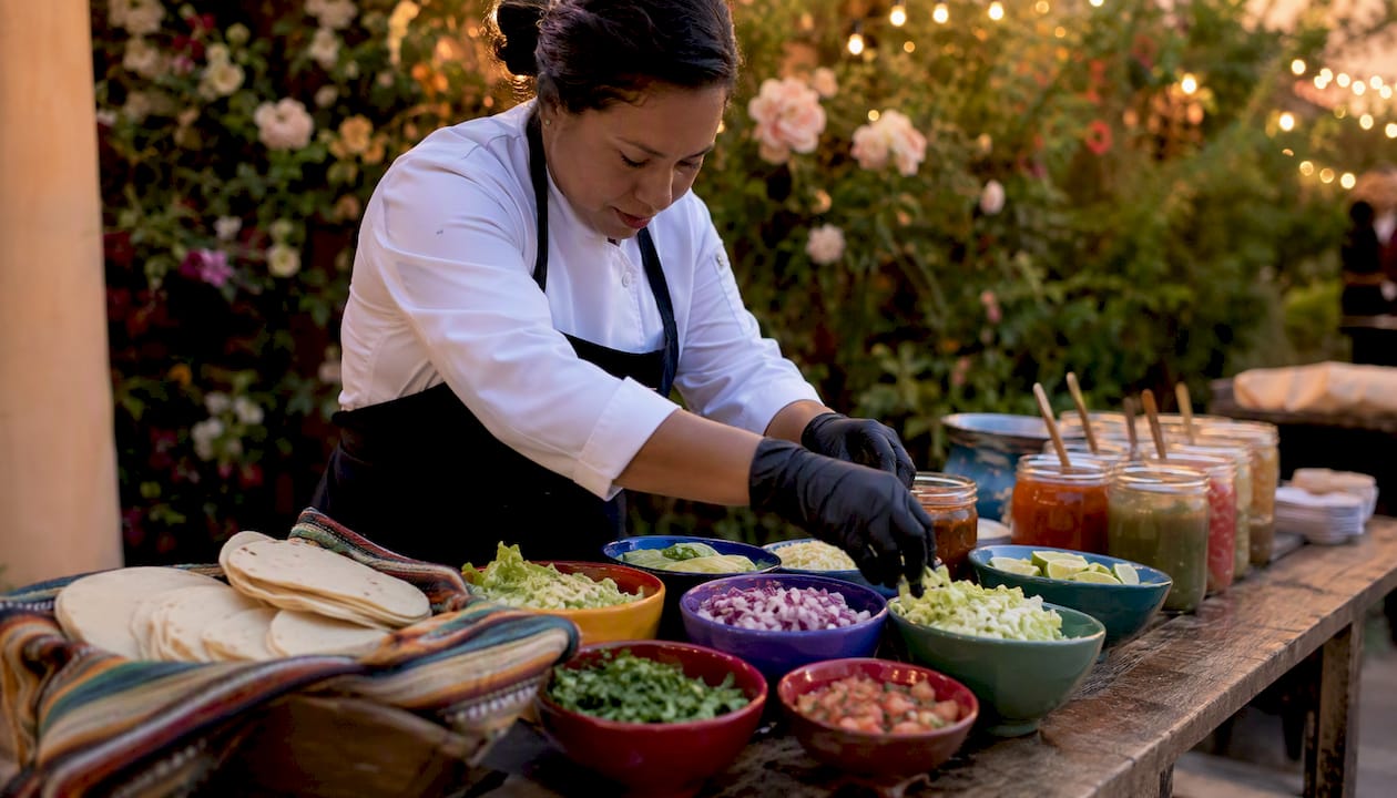 Caterer replenishing taco station toppings