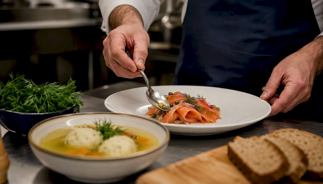 Chef plating kosher-style smoked salmon dish