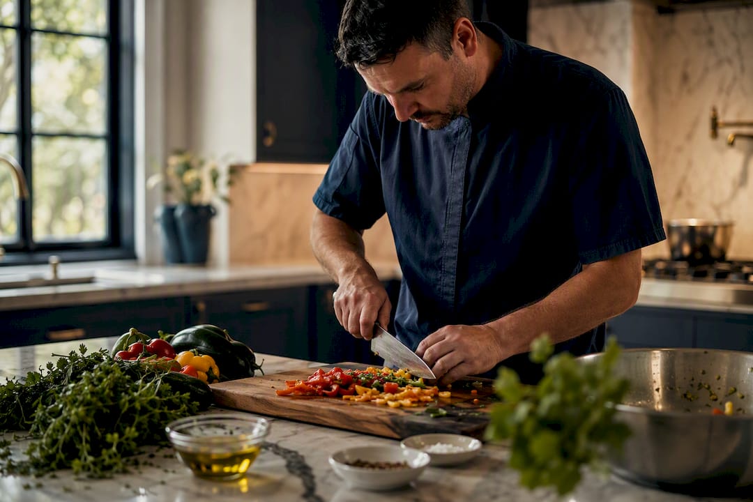 Chef chopping vegetables in home kitchen