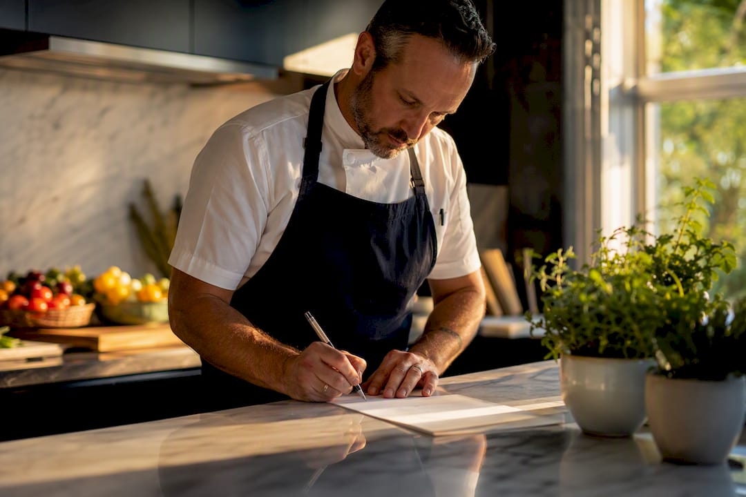 Chef writing family culinary profile in kitchen
