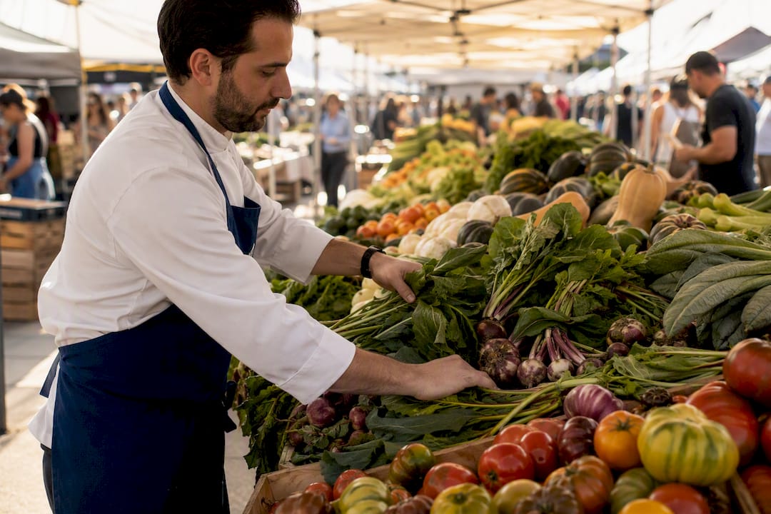 Chef hands selecting fresh seasonal vegetables