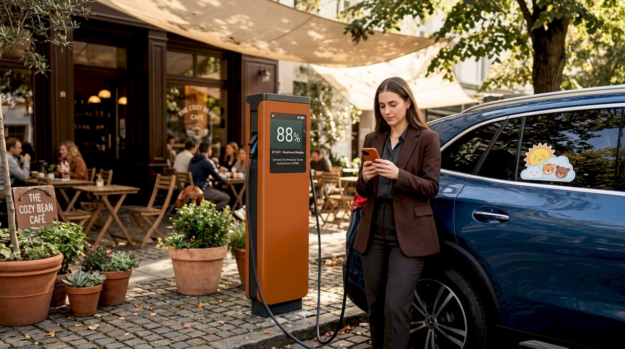 Woman at public EV fast charging station