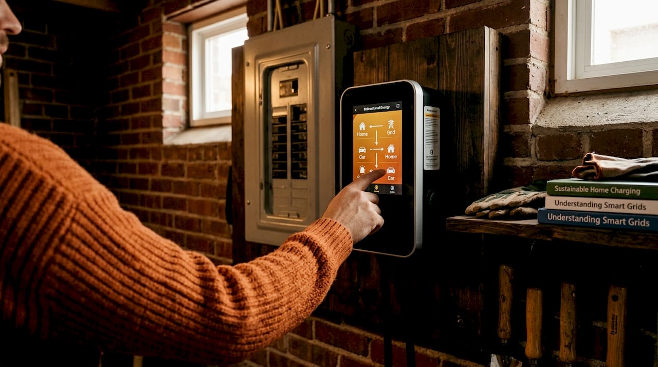Hand adjusting bidirectional EV charger settings indoors