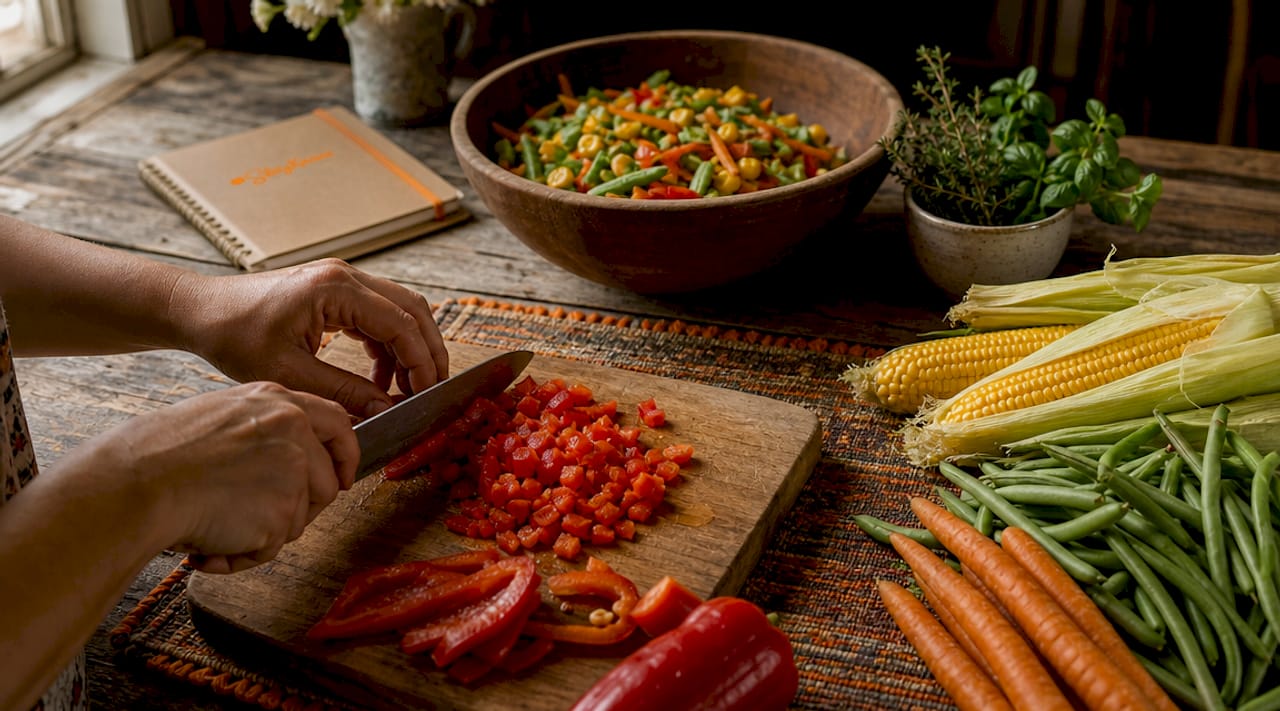 Hands chopping colorful summer vegetables on board