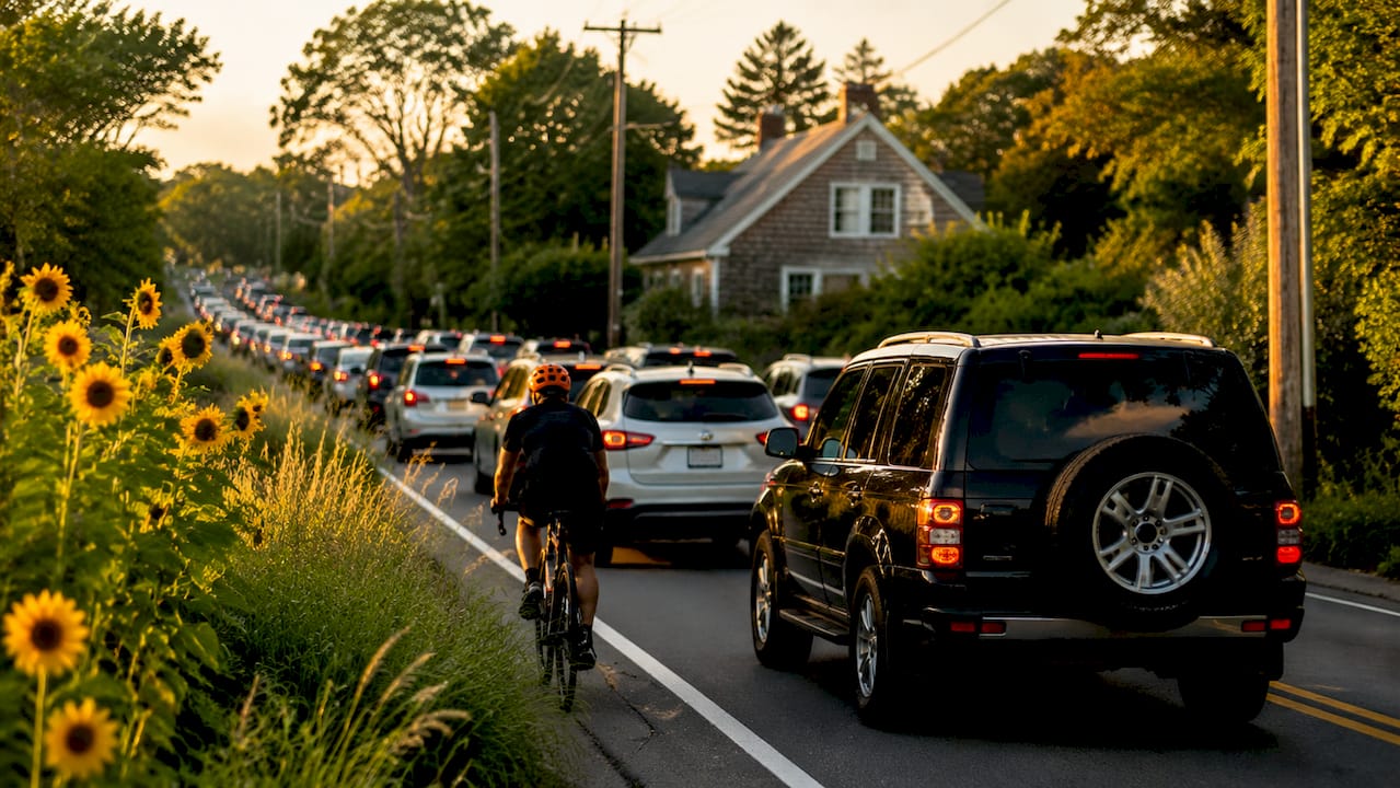 Summer traffic jam on Hamptons East End road