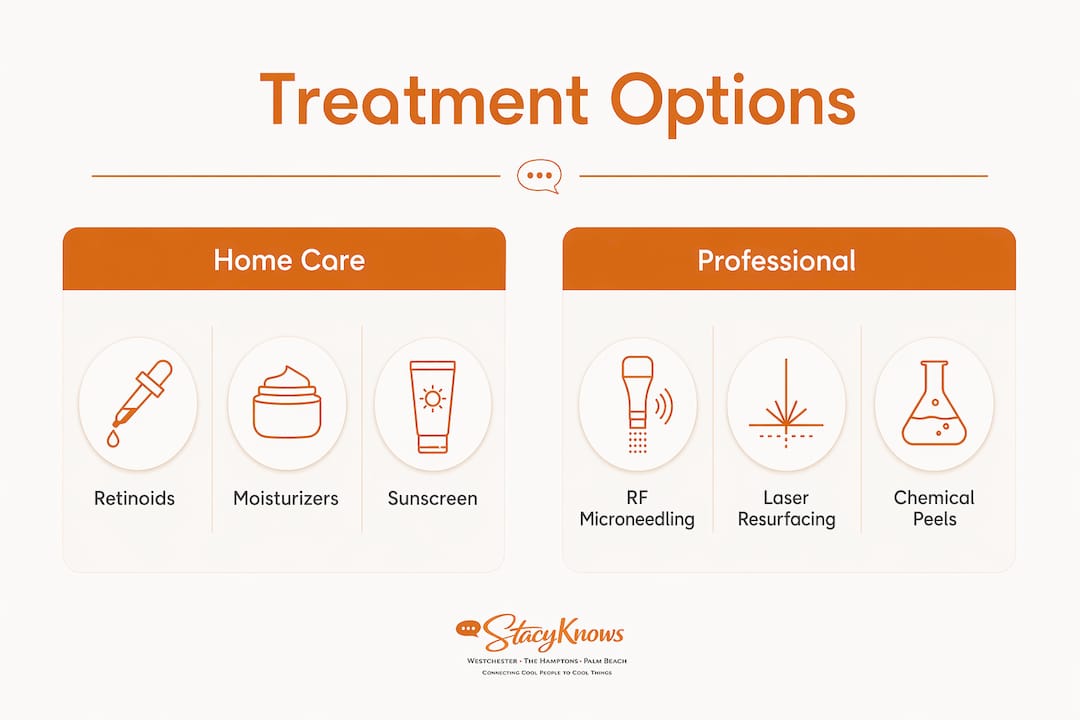 Infographic comparing home care and professional treatments for crepey skin