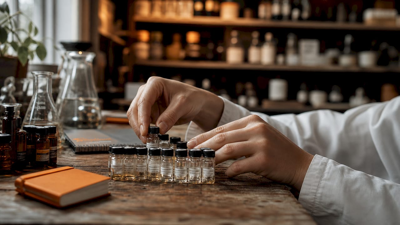 Hands arranging peptide sample vials in lab
