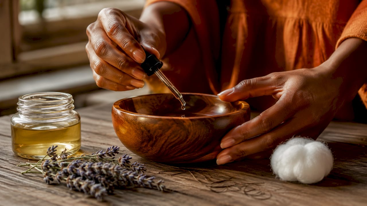 Hands applying castor oil for eyebrow regrowth
