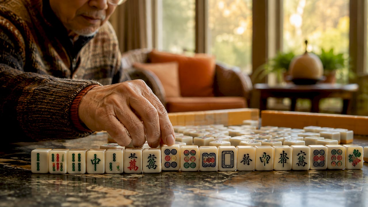 Close-up of Mahjong tiles in different categories