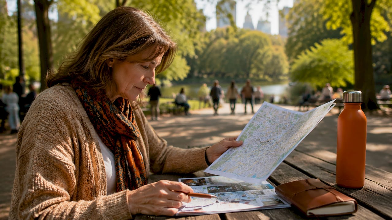 Woman planning Broadway visit at outdoor café table