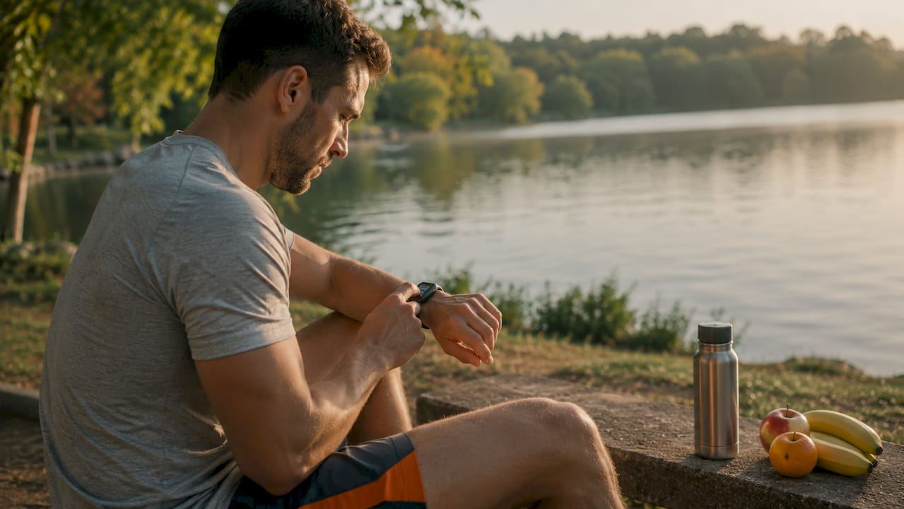 Man monitoring weight loss progress outdoors