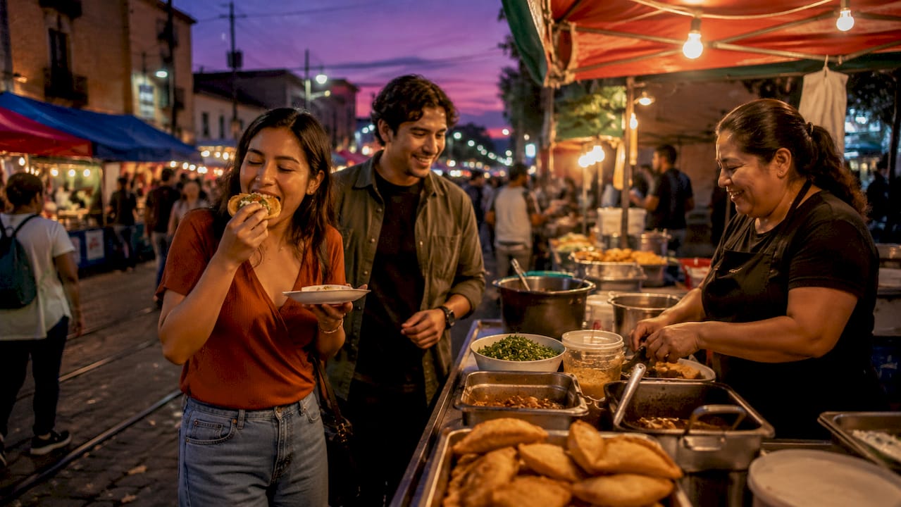 Busy street food market with diverse people
