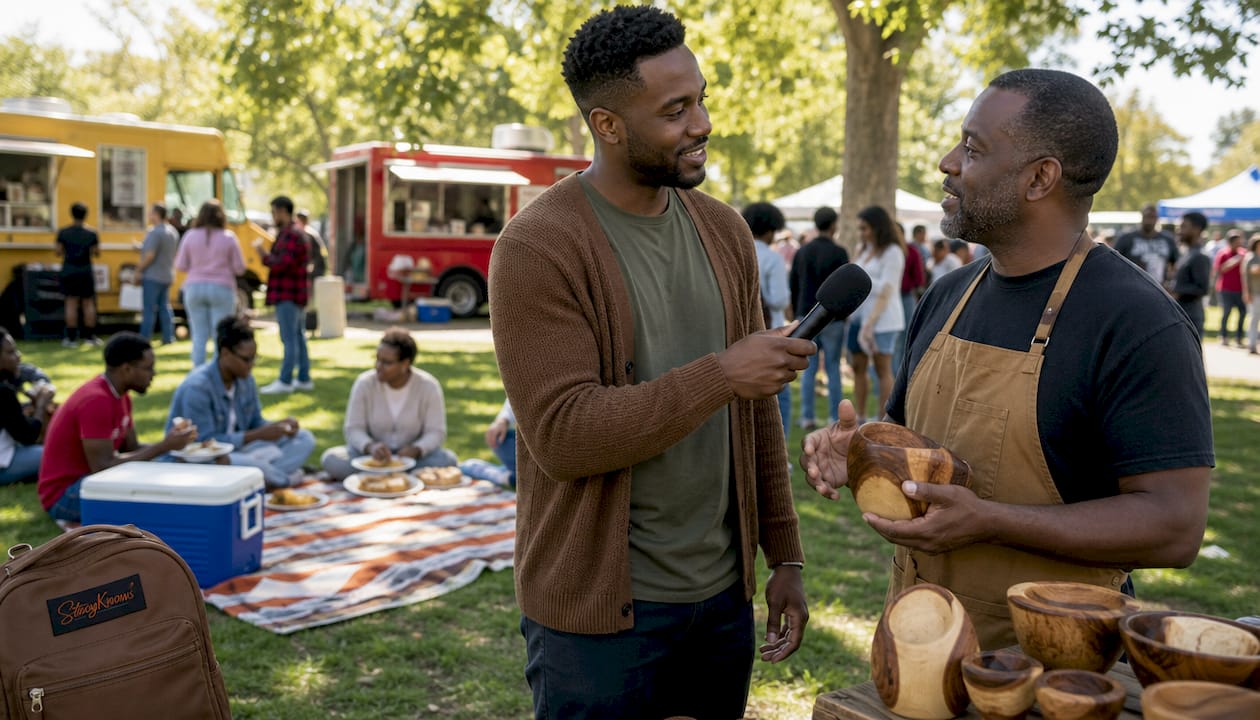 Local influencer interviewing vendor at market