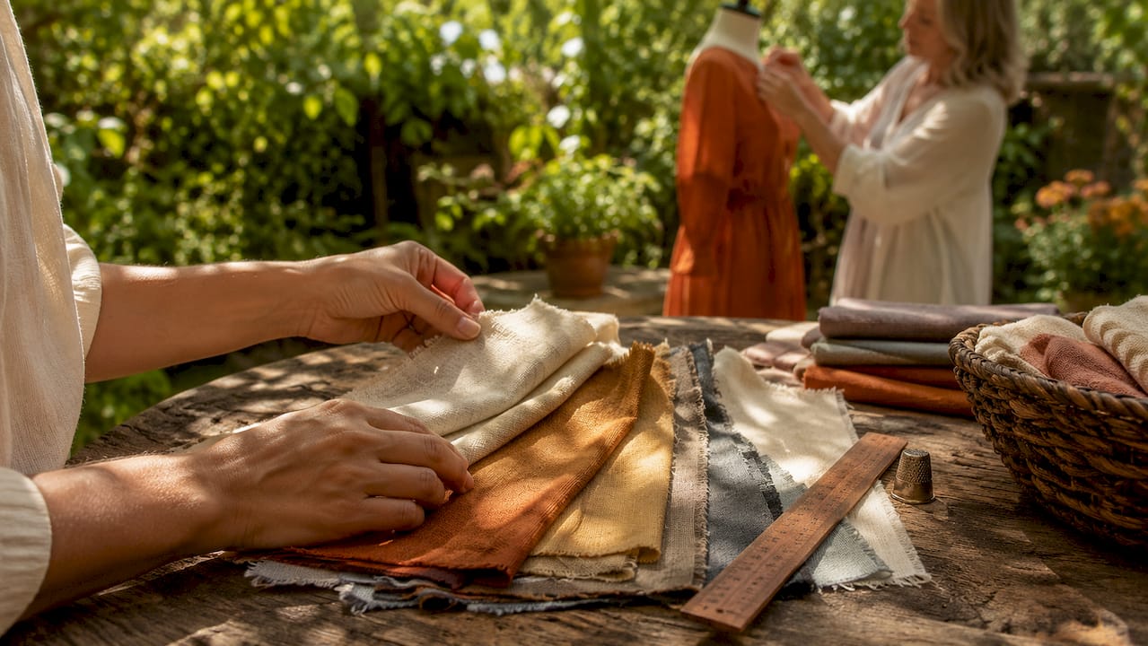 Hands touching natural fabric swatches in warm light