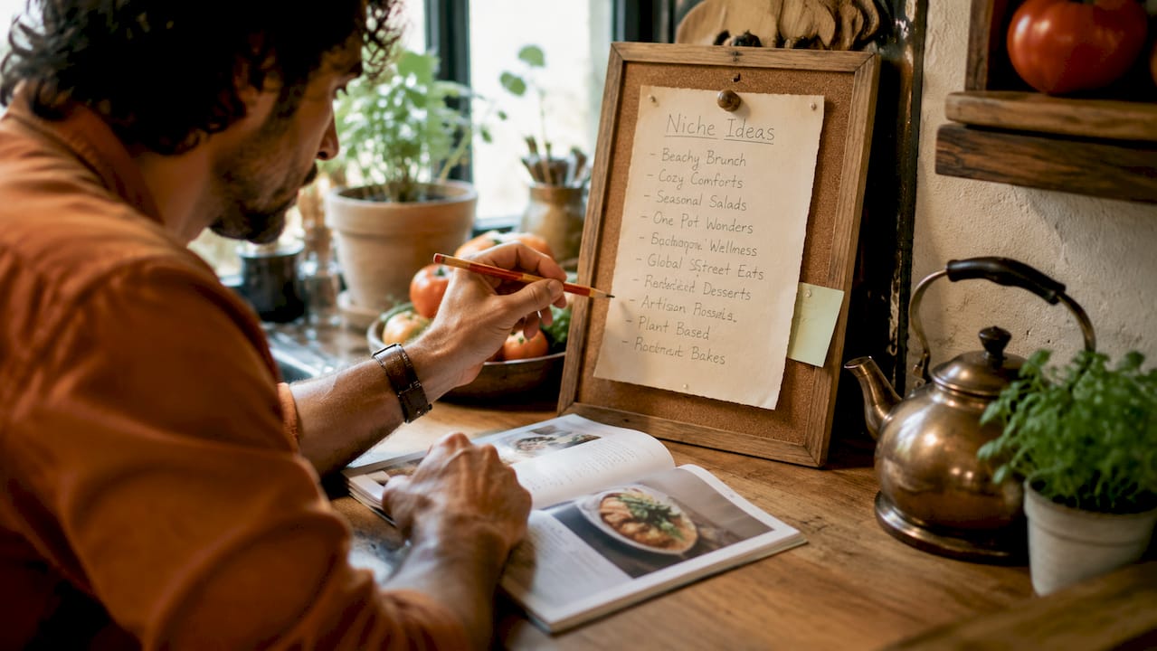 Overhead view of food blogger planning niche ideas