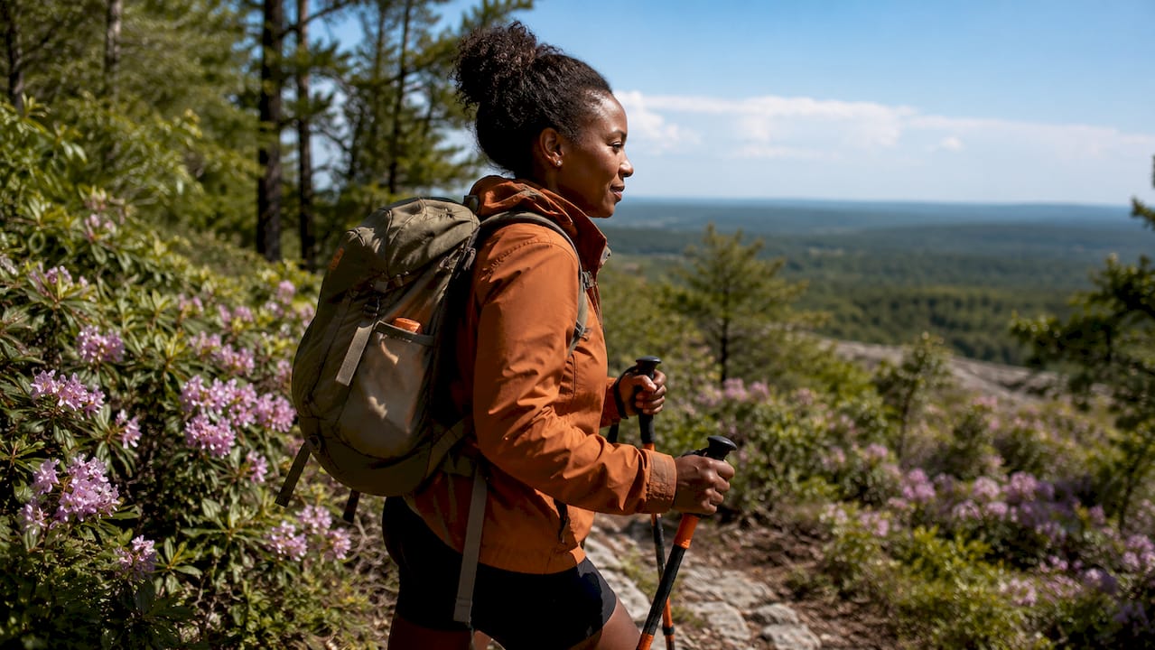 Hiker walking on Shawangunk Ridge trail in forest