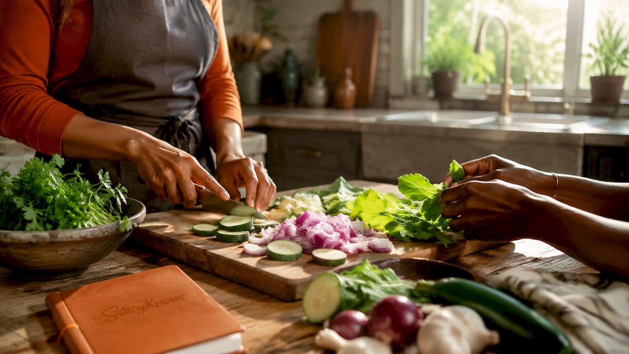 Hands chopping fresh vegetables on wooden counter