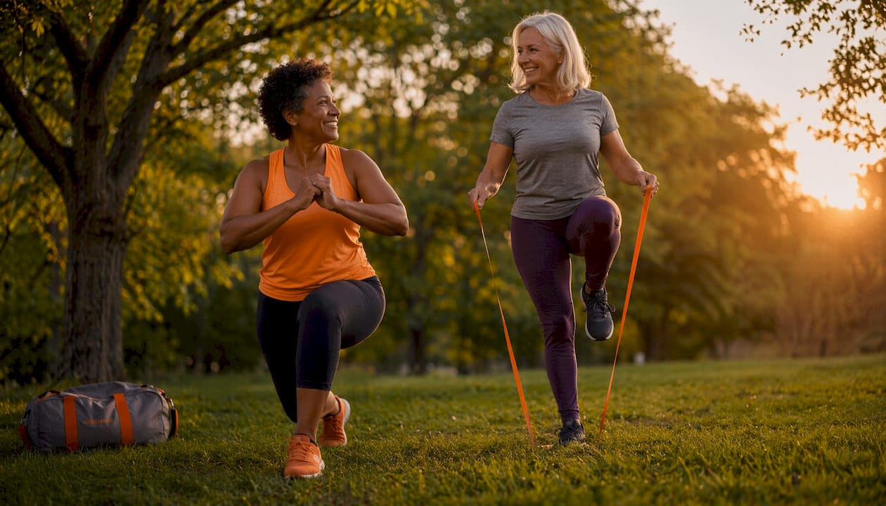 Women over 50 doing strength exercises in gym