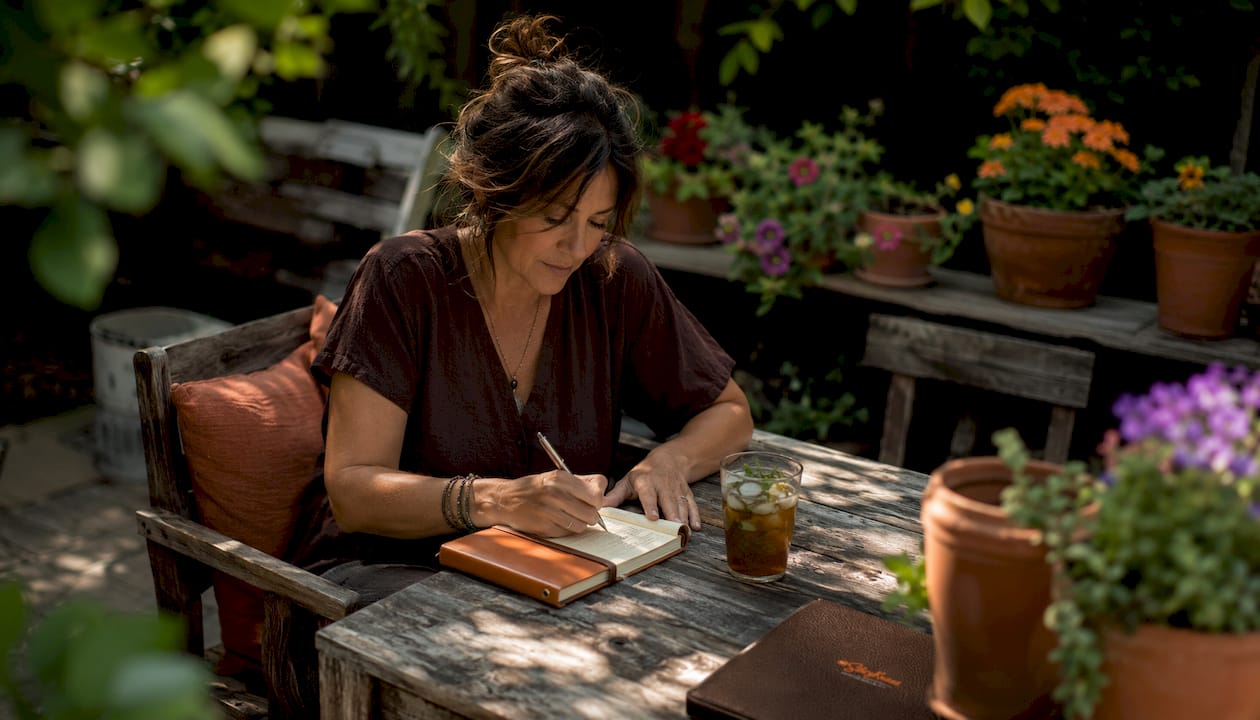 Woman writing notes at outdoor cafe table