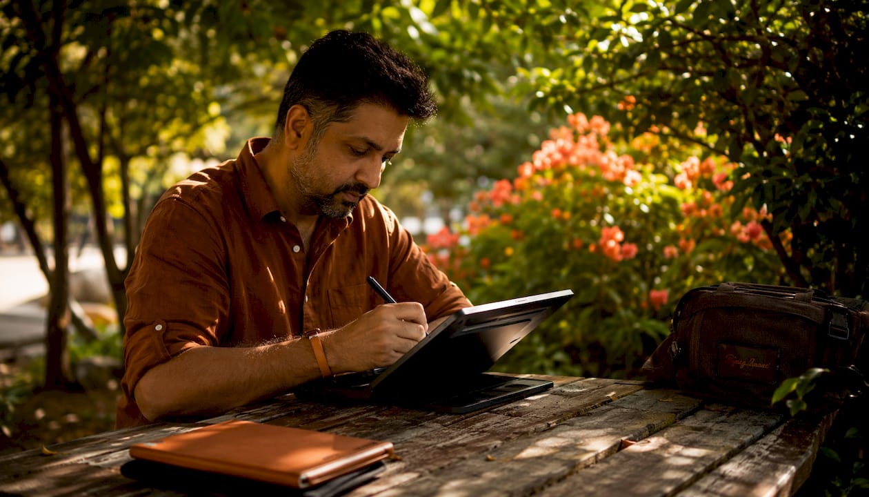 Man creating social content using drawing tablet