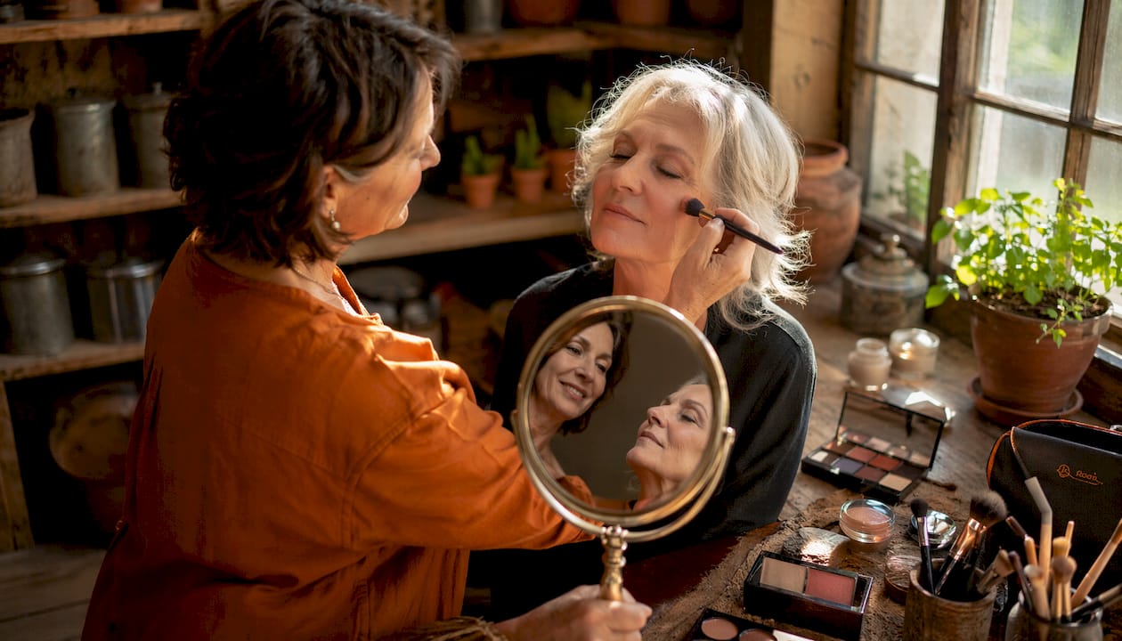 Makeup artist applying blush on mature skin
