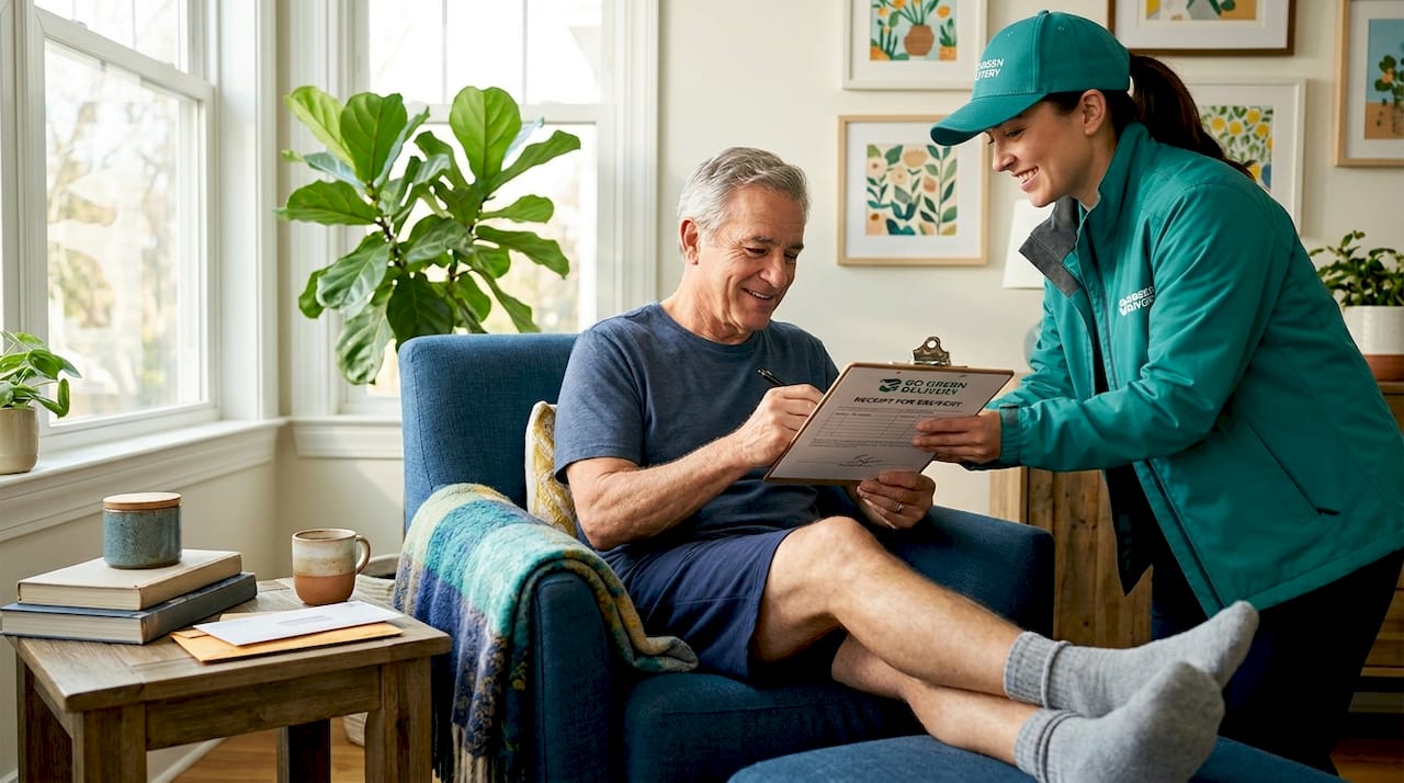 Older man receives medical cannabis delivery at home