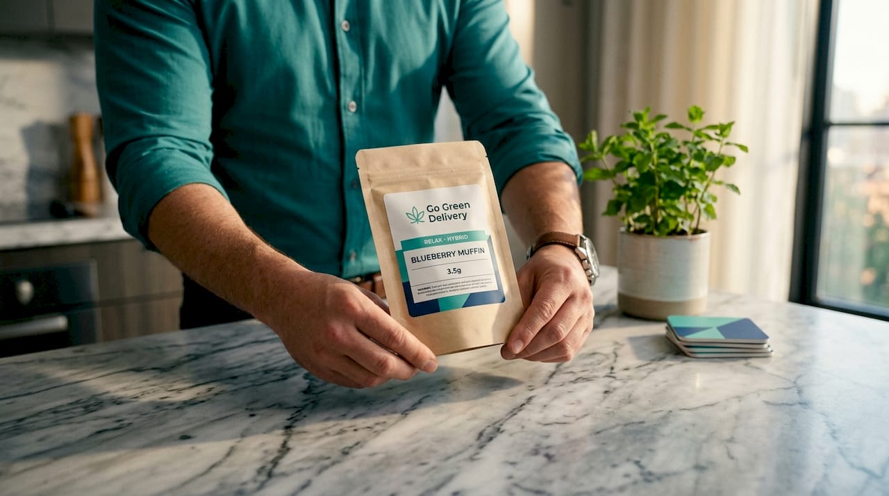 Close-up of cannabis package in delivery hands
