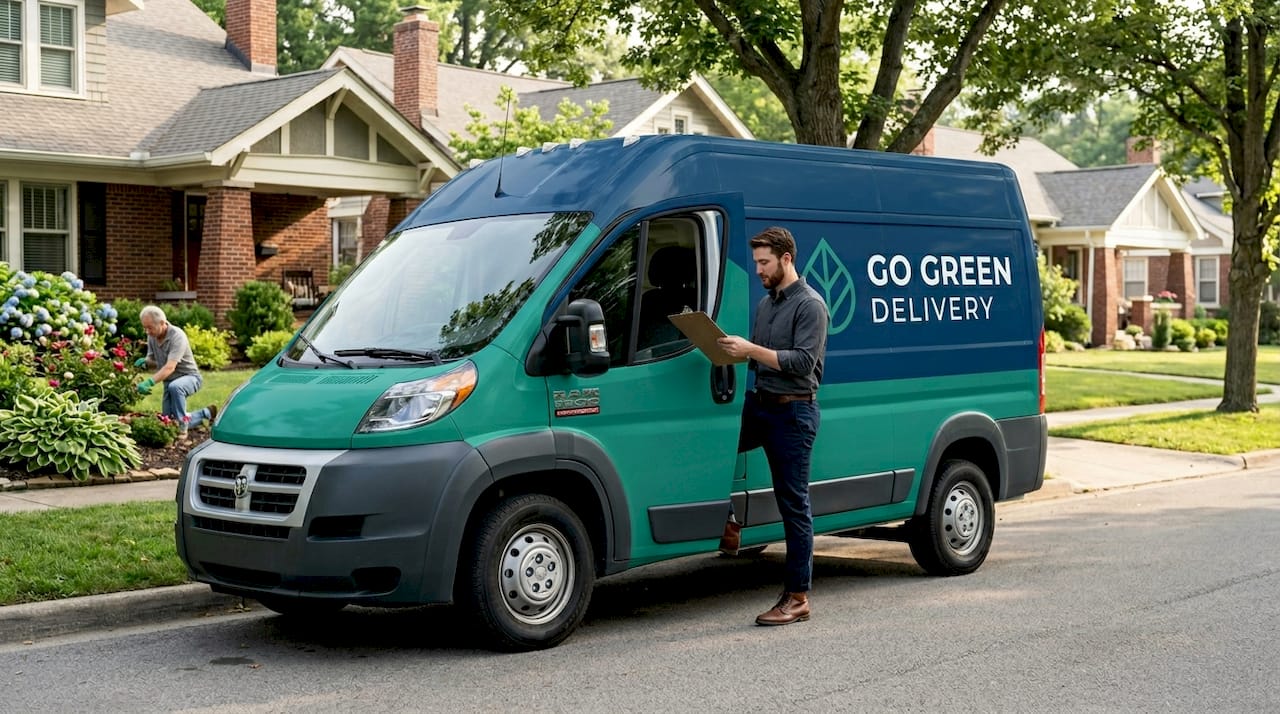 Cannabis delivery vehicle stopped at urban curbside