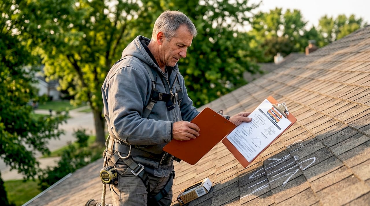 Roofer checks spec sheet on shingled roof