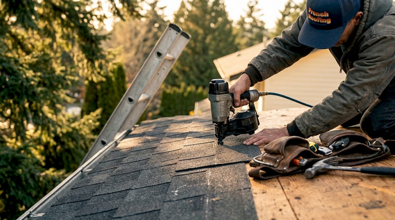 Close-up of asphalt shingles on residential roof