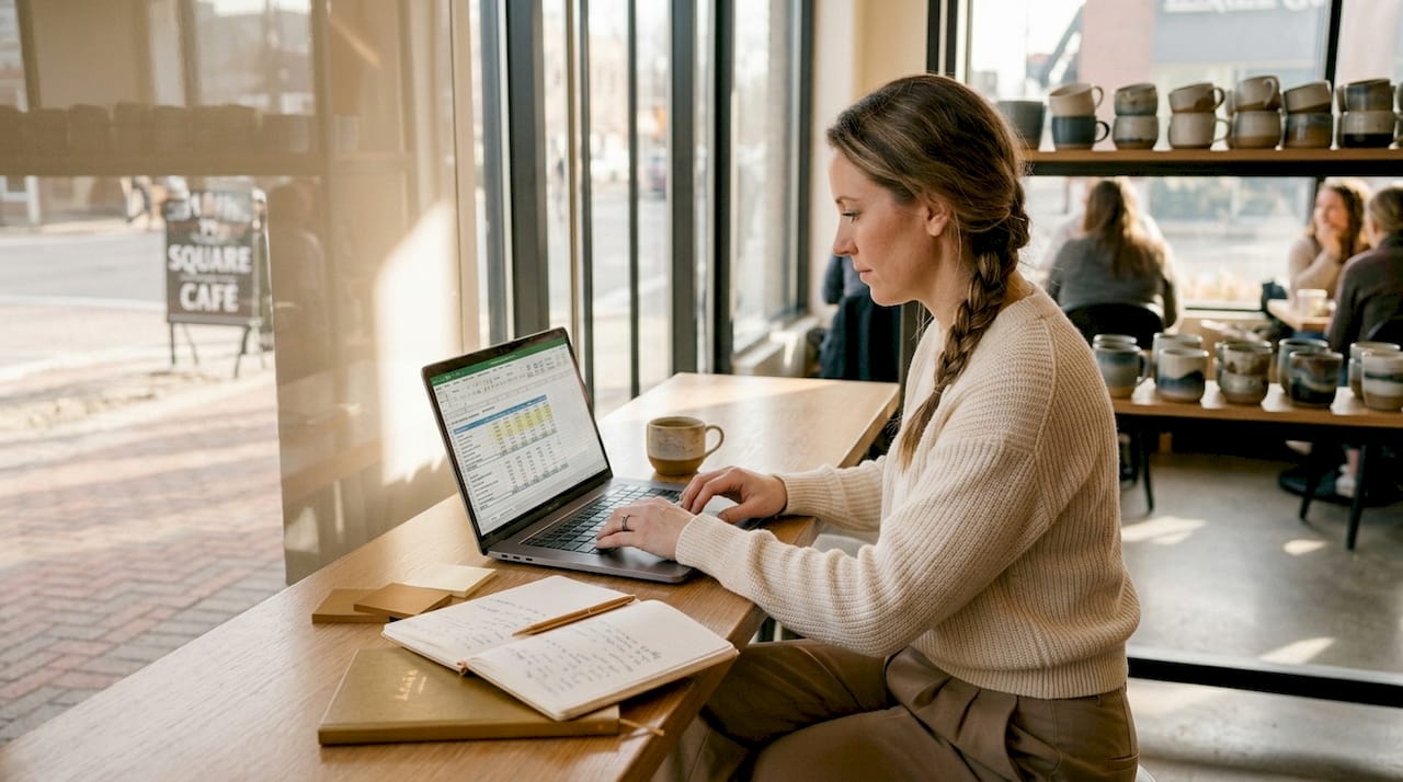 Brand founder reviewing profitability roadmap in home office