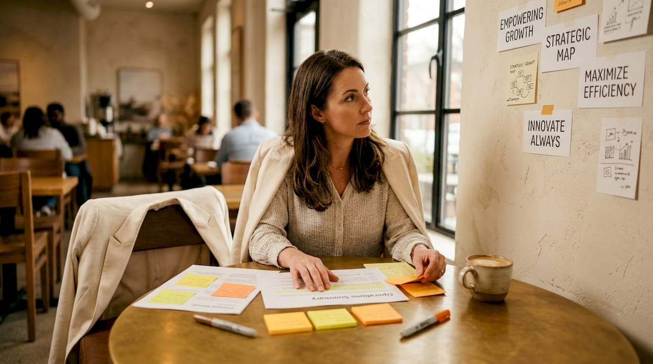 Executive reviewing documents in busy startup workspace
