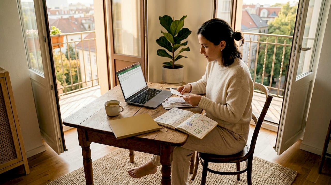 Brand founder sorting receipts at home workspace