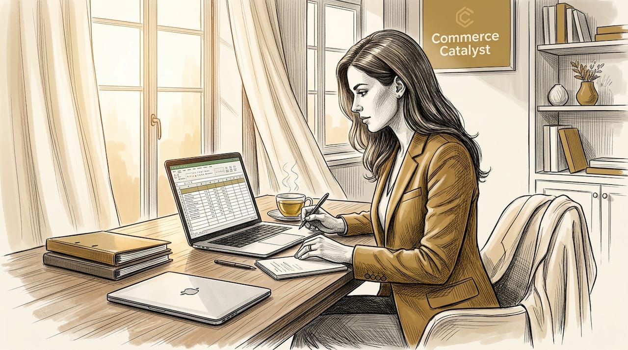 Professional woman reviewing spreadsheet at desk