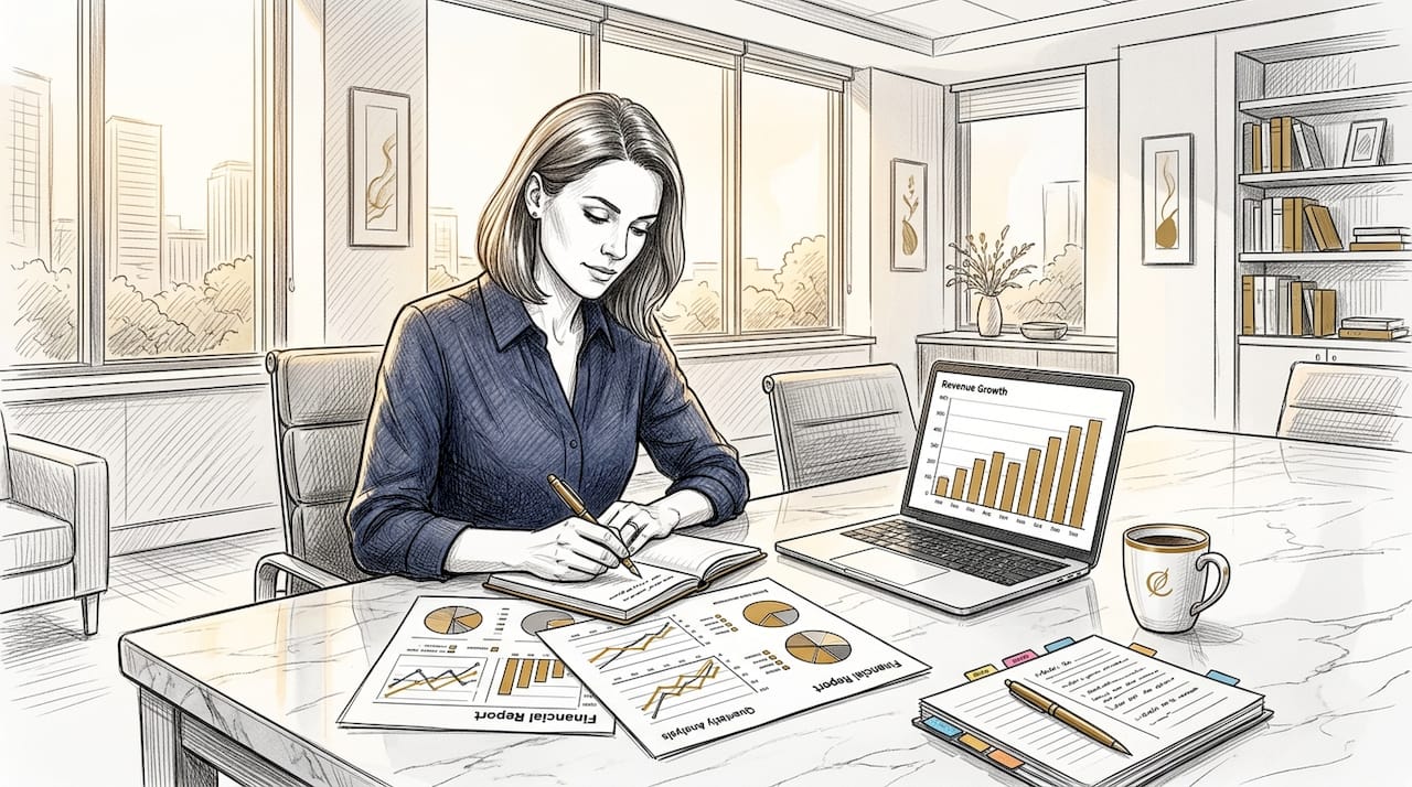 Businesswoman reviewing financial charts in office